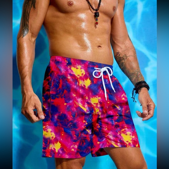 Swimmode Men's Tie-Dye Printed Drawstring Elastic Waist Loose Beach Shorts - Picture 4 of 4